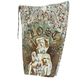 NWOT LOST Shorts 38~L Graphic Art Bikini-Girls Angel-Wing Skull Logo Floral